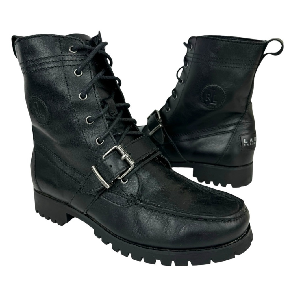 Lauren Ralph Lauren Zera Leather Lace Up Ankle Boots Black Buckle Womens Size 7B
